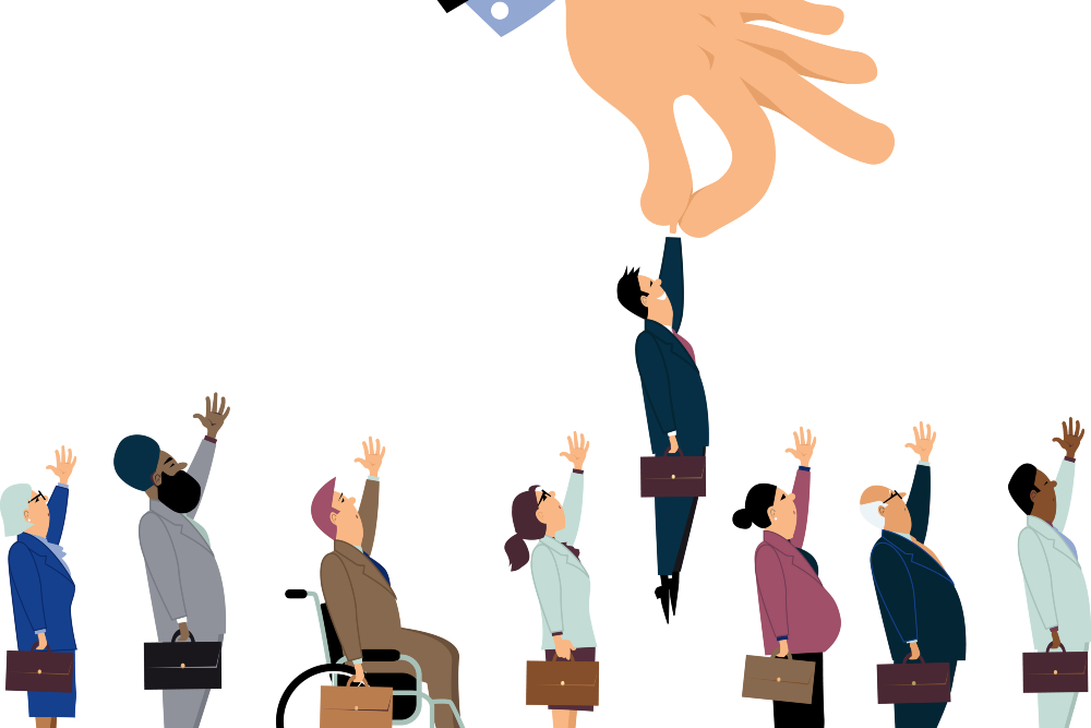 Giant managerial hand picking up a white male from a line of a diverse job candidates