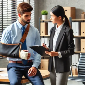 Injured worker wearing a sling speaks with a legal professional in an office about workers' compensation benefits.