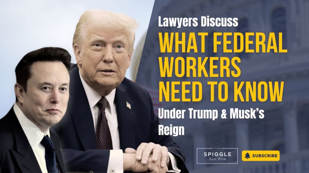 Image featuring Donald Trump and Elon Musk with text discussing federal worker rights under new executive orders, presented by The Spiggle Law Firm.