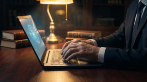 A person using a laptop with an AI interface, representing the risks to attorney-client privilege.