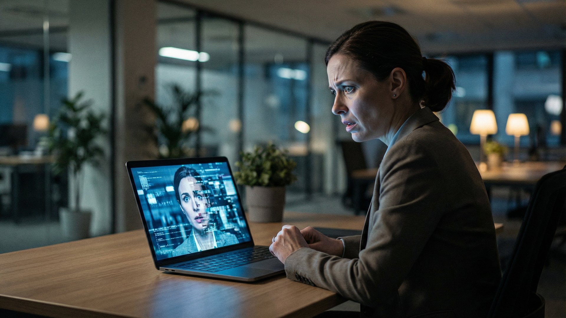 A woman’s face, half-real and half-digitally constructed, representing AI deepfake harassment in the workplace.