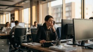 Concerned female employee at her desk in a modern office thinking about workplace harassment and her legal rights.