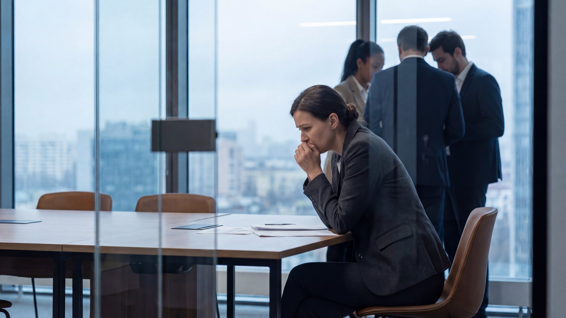 A professional woman in a gray blazer sits alone at a conference room table looking distressed, while three colleagues stand in a group behind her, visibly excluding her from the conversation.