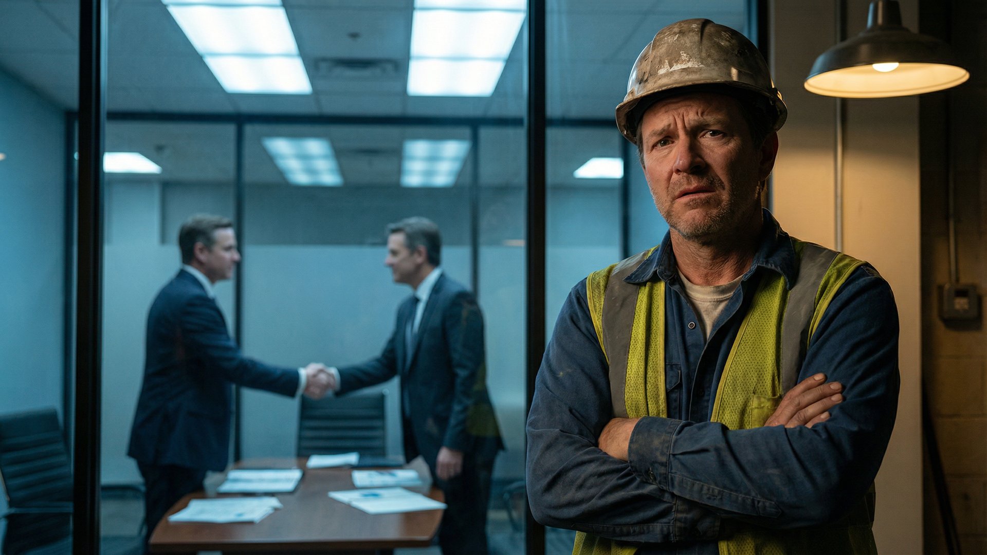 A worker in the foreground with corporate executives in the background, representing the complex legal relationship in joint employment.