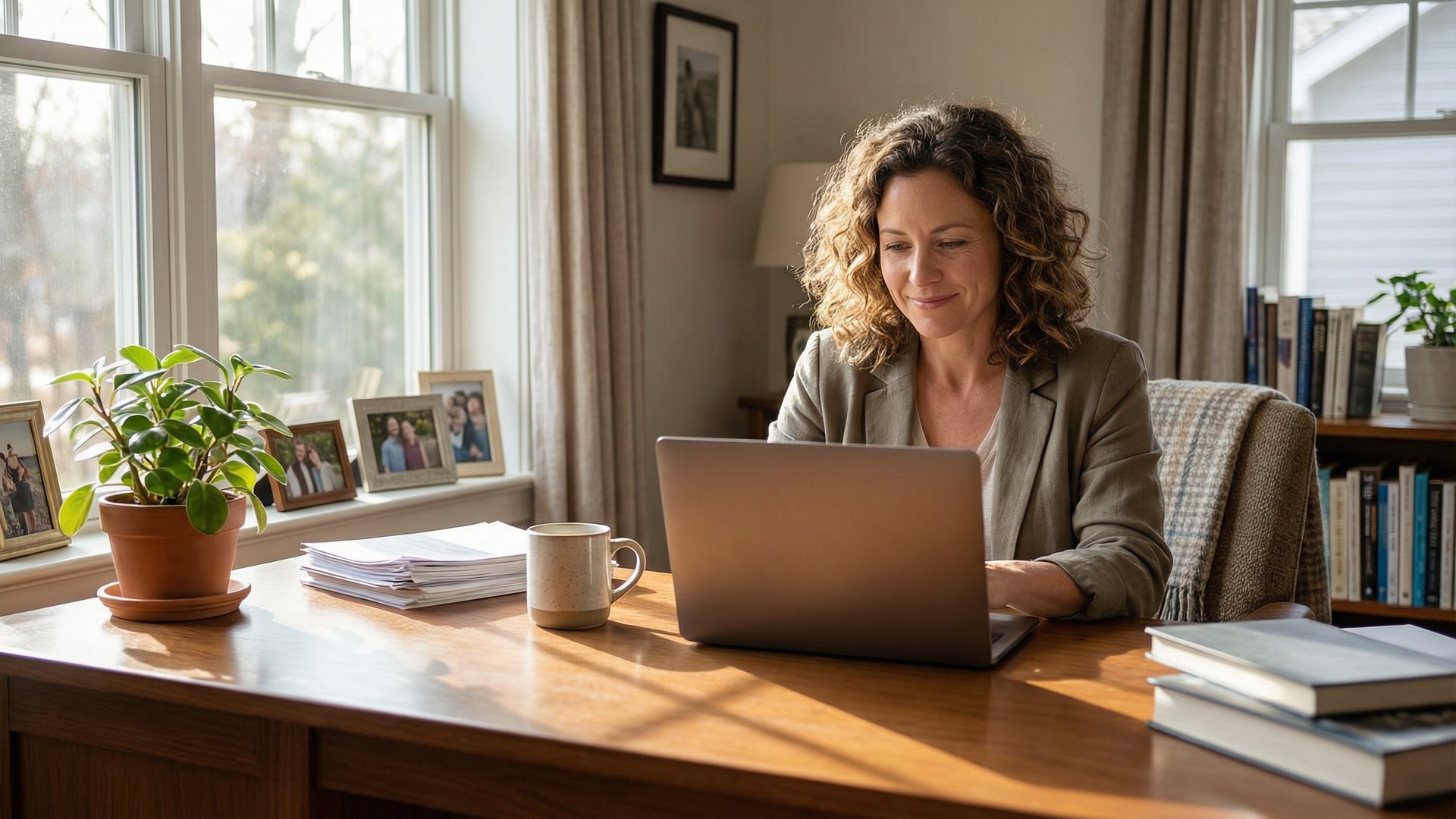 A professional woman works calmly at a sunny home office desk with a laptop, coffee mug, and documents, representing the benefits of remote work as a disability accommodation.