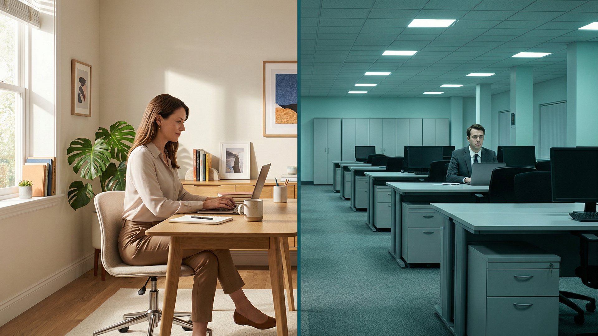 A split image contrasting a productive home office with a lonely corporate office, representing the debate over return-to-work mandates.
