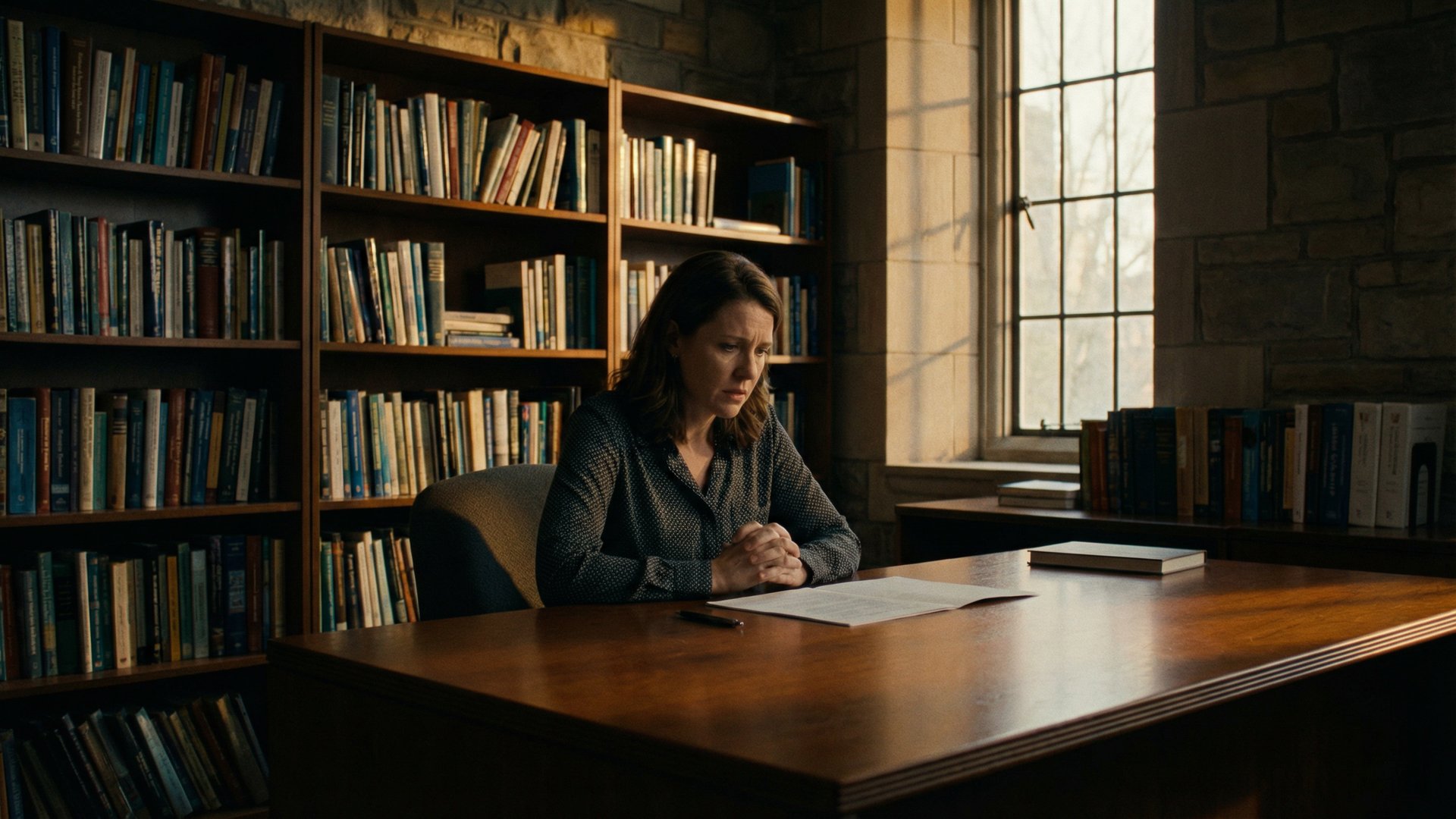 A female professor sits alone in a lecture hall, looking worried, representing the challenges college employees face with Title IX.