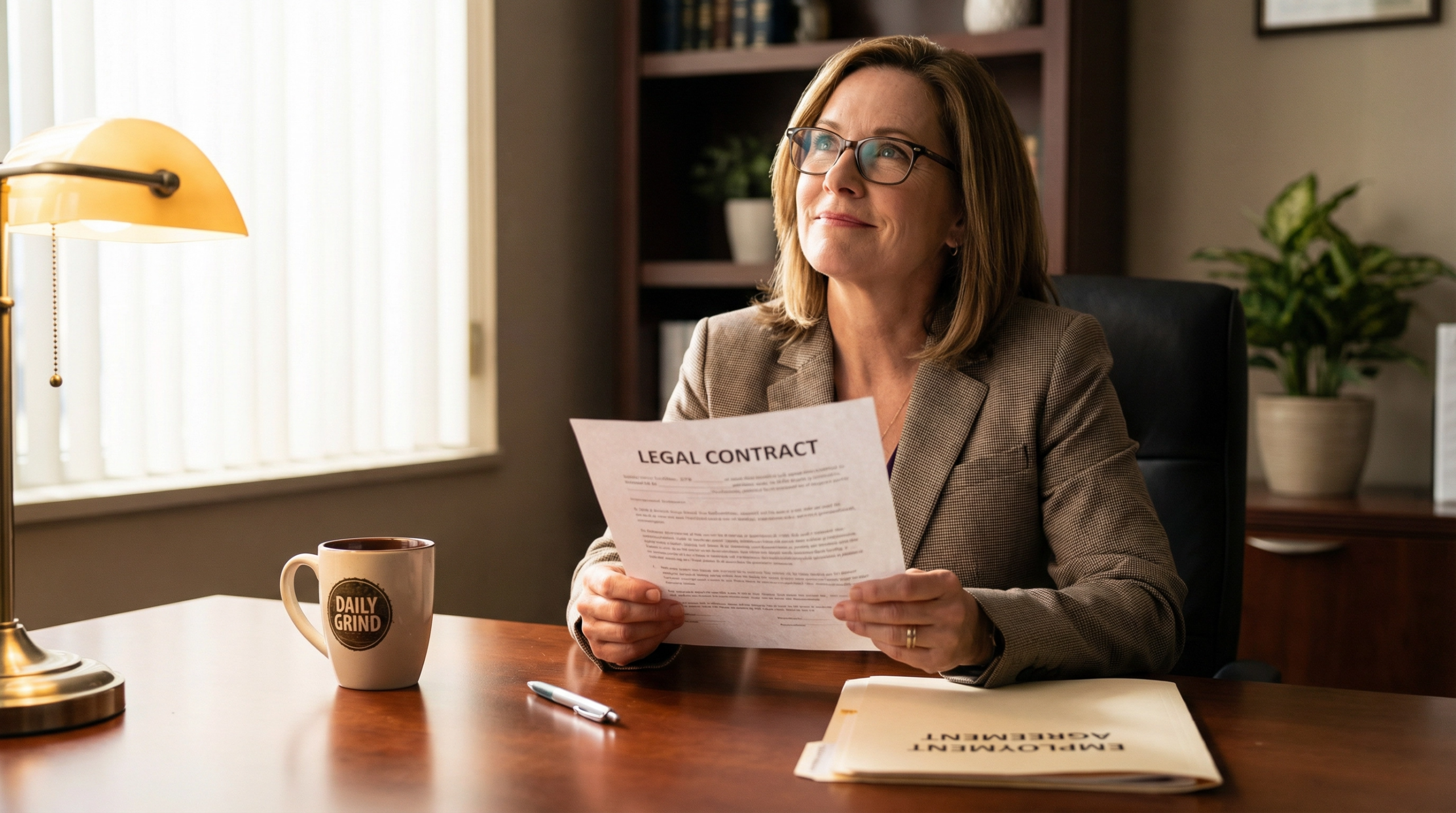 A professional man in a dark suit reviews a non-compete agreement document at a desk, with a pen in hand and a manila folder open beside him, representing Virginia's new severance-linked non-compete enforcement law.