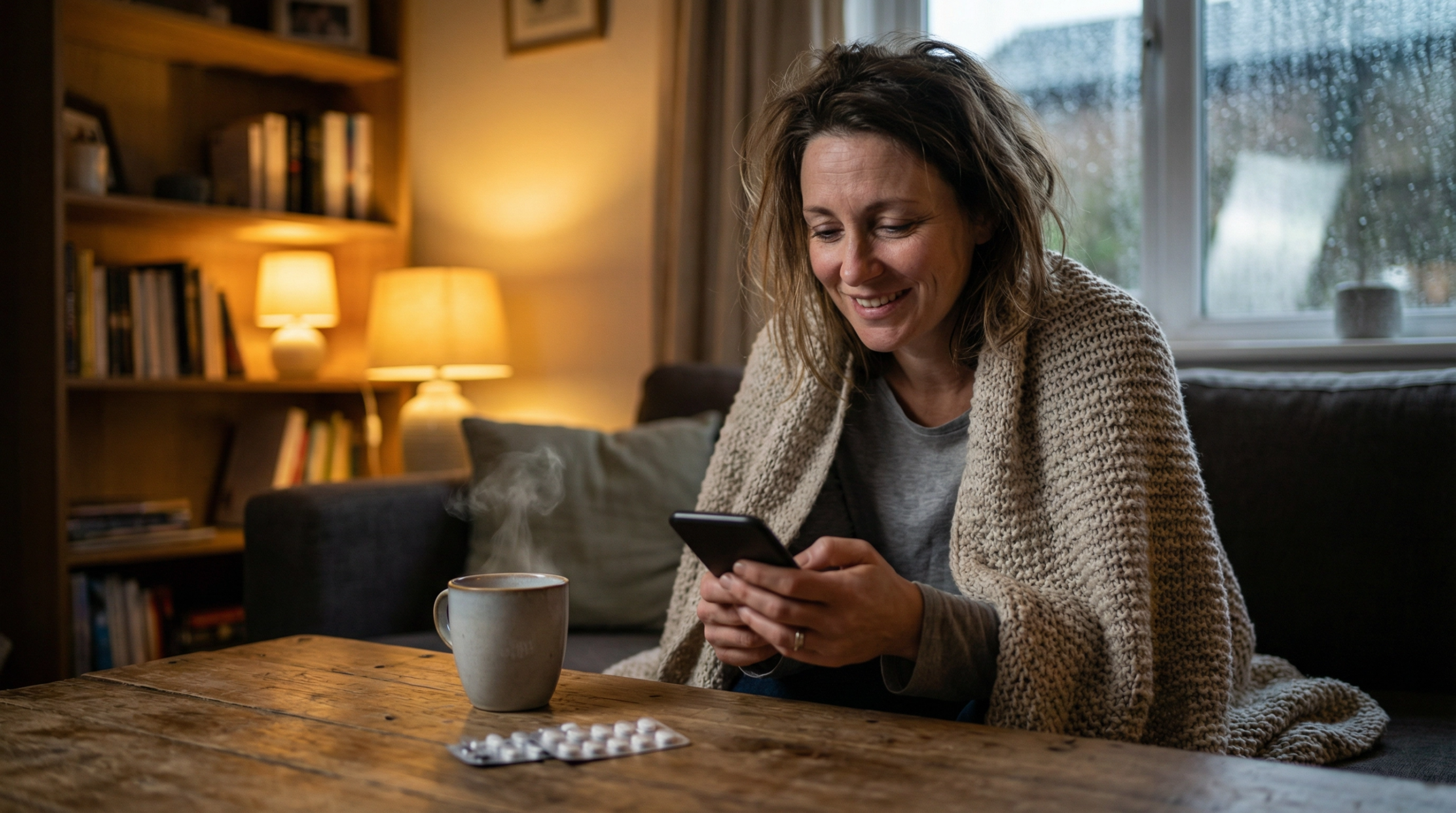 A woman wrapped in a knit blanket sits at a wooden table at home, smiling at her phone with a steaming mug and blister pack of medication in front of her, representing an employee using paid sick leave to recover at home.