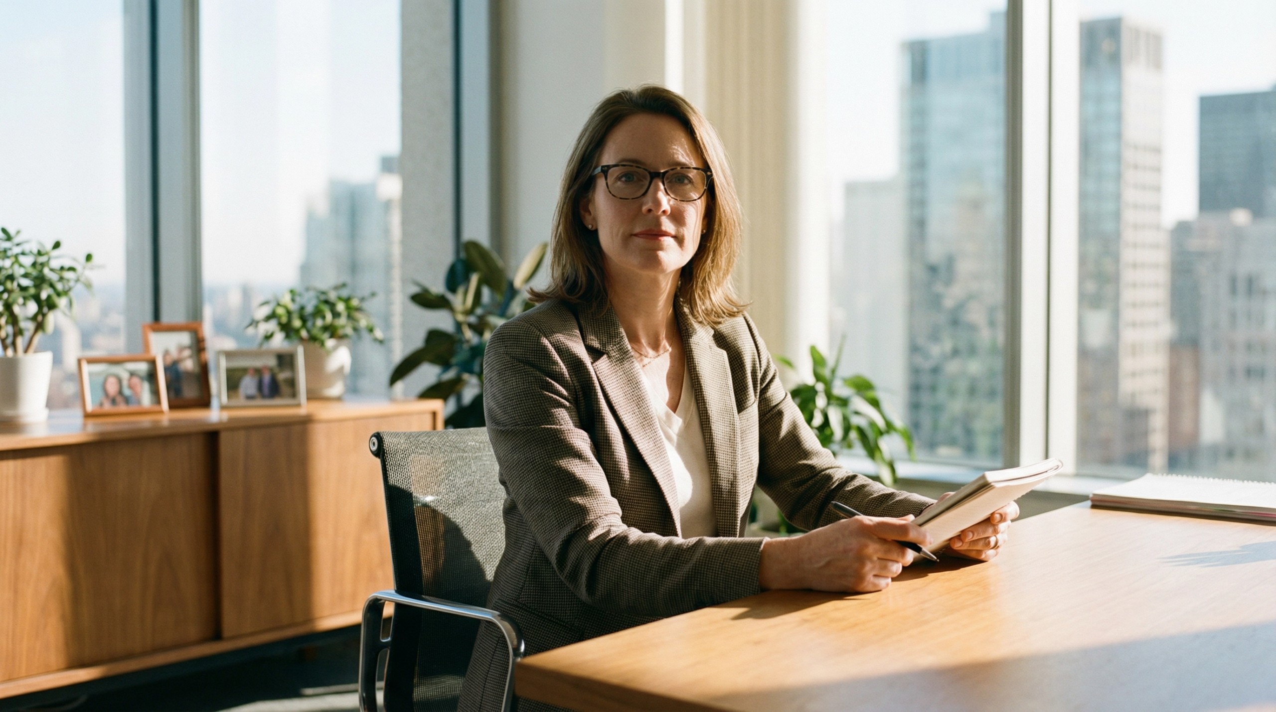A professional woman in her mid-40s wearing glasses and a blazer sits confidently at a desk in a sunlit high-rise office, holding a notebook and looking directly at the camera, representing experienced women in the workplace protected under Virginia's new menopause workplace protections law.