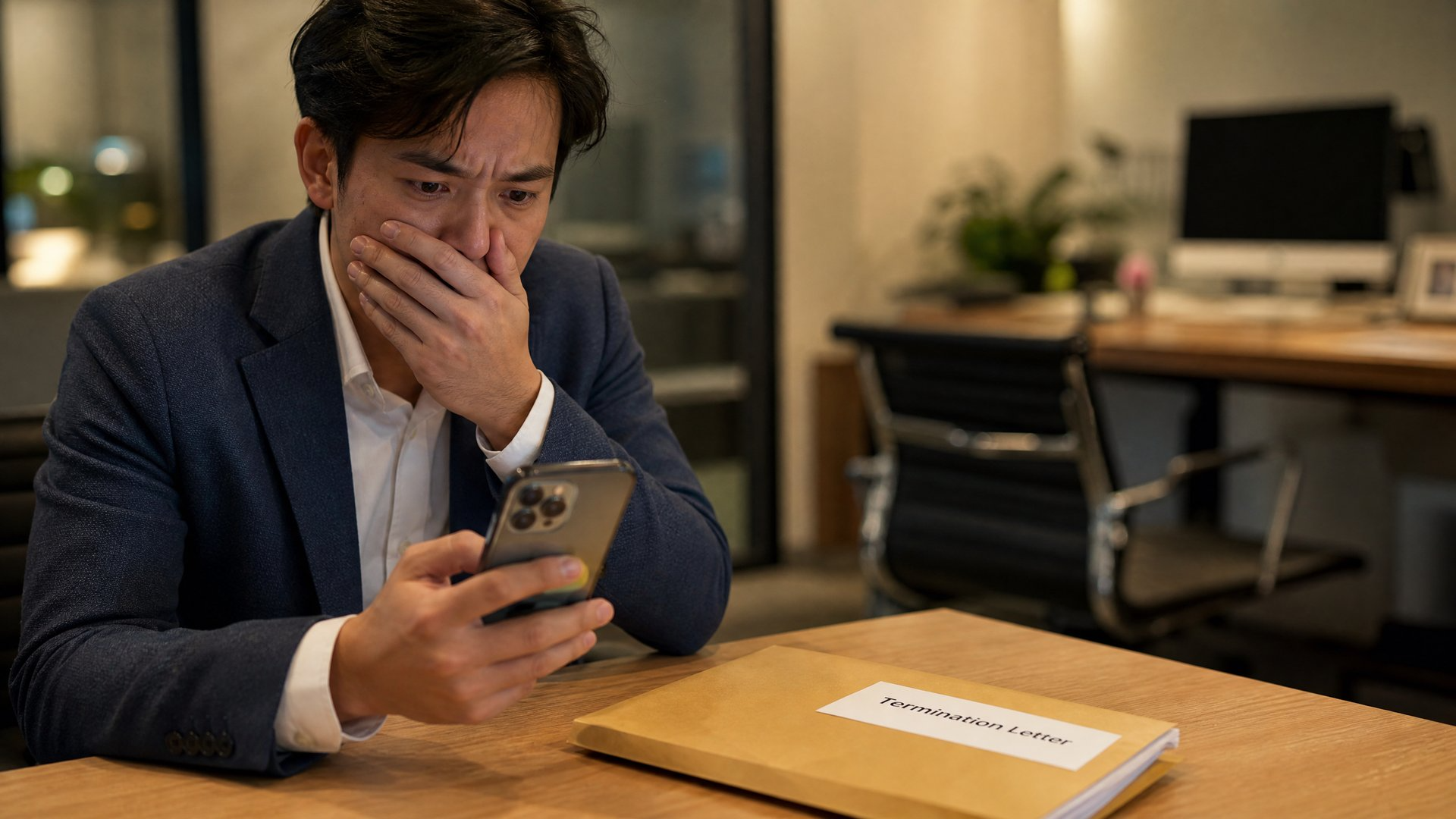 A professional man in a blue blazer sits at an office desk, hand over his mouth in shock, staring at his smartphone, with a manila envelope labeled "Termination Letter" on the desk in front of him.