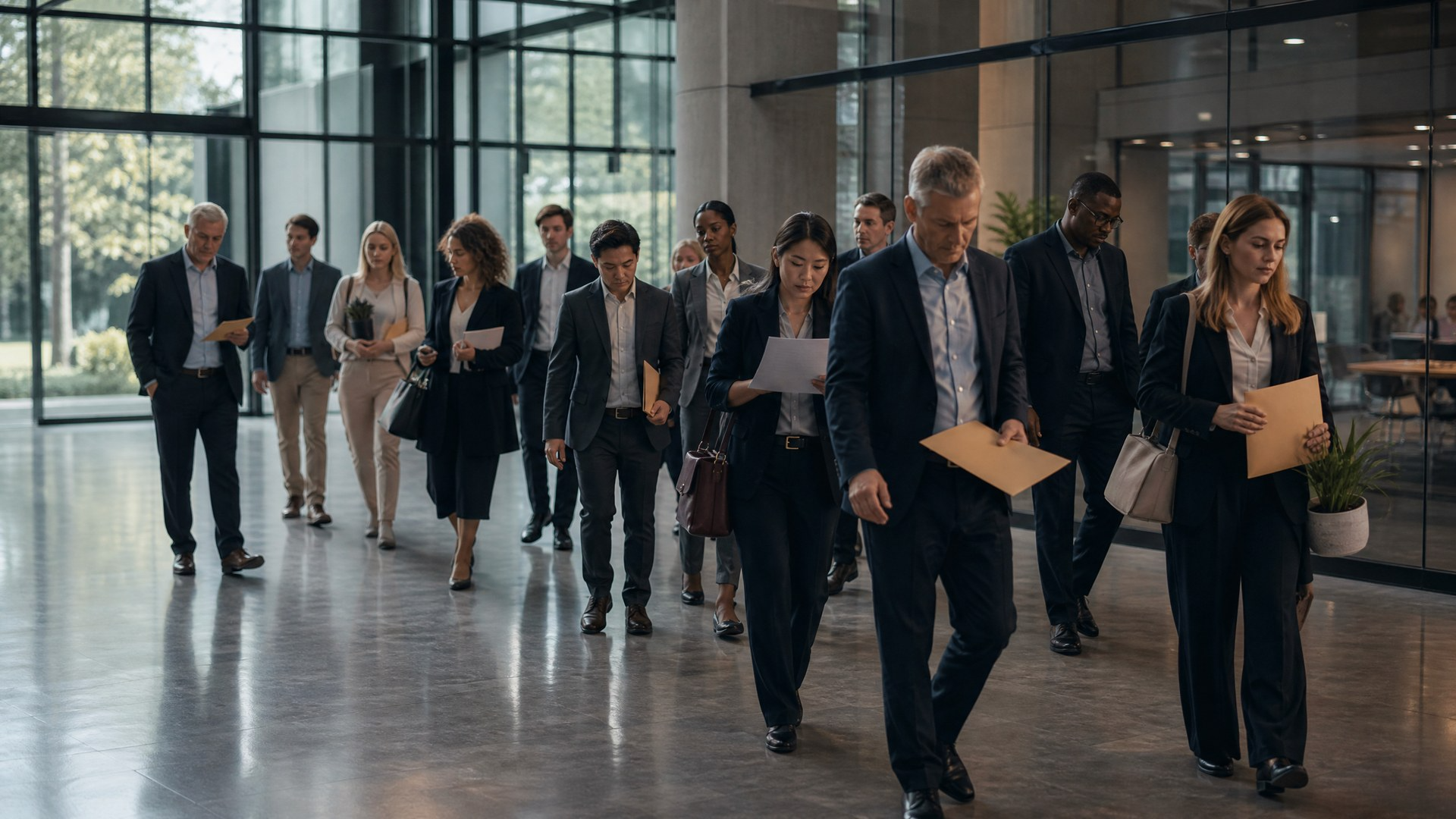 A diverse group of professional employees leaves a modern corporate office lobby together, several holding document envelopes and personal items, representing the shared uncertainty of a mass layoff.