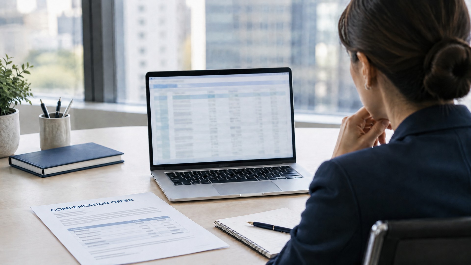 Professional employee reviewing compensation documents and a salary offer in a modern office, representing workplace pay discrimination concerns.