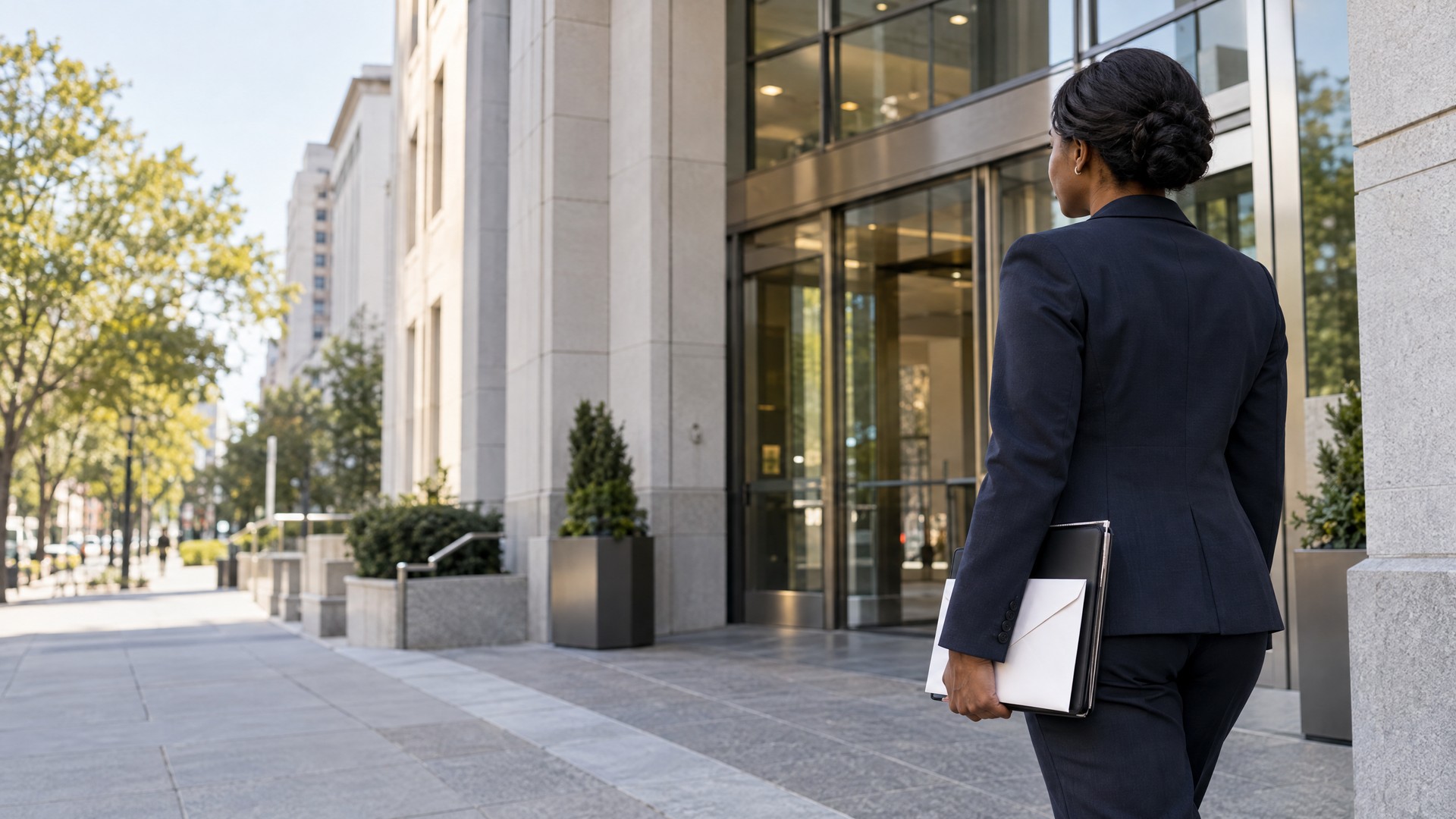 Professional employee holding an organized document folder outside a modern Washington, D.C. office building, representing the process of filing a workplace discrimination complaint.