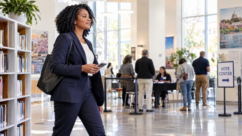 Professional employee walking through a D.C. community library toward a Vote Center check-in area, representing paid time off to vote.